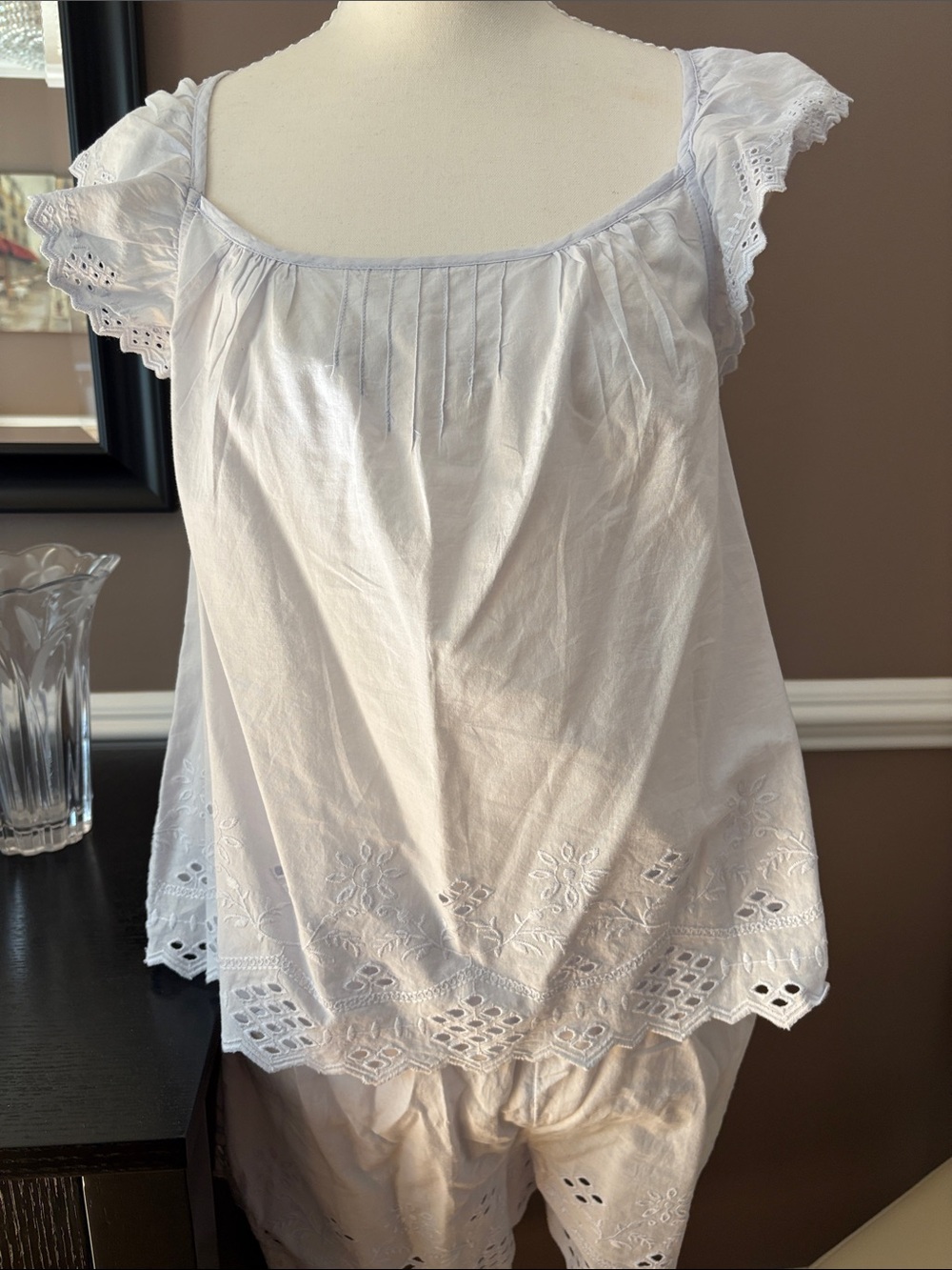 Light Blue Eyelet Cotton Peplum Tank Top and Shorts Set